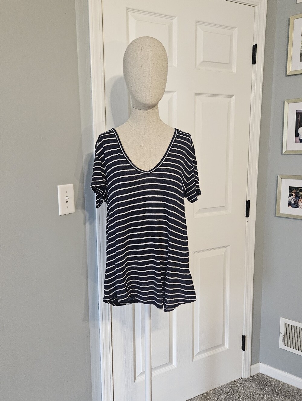 GAP Navy and White Striped V-Neck Short Sleeve Tee